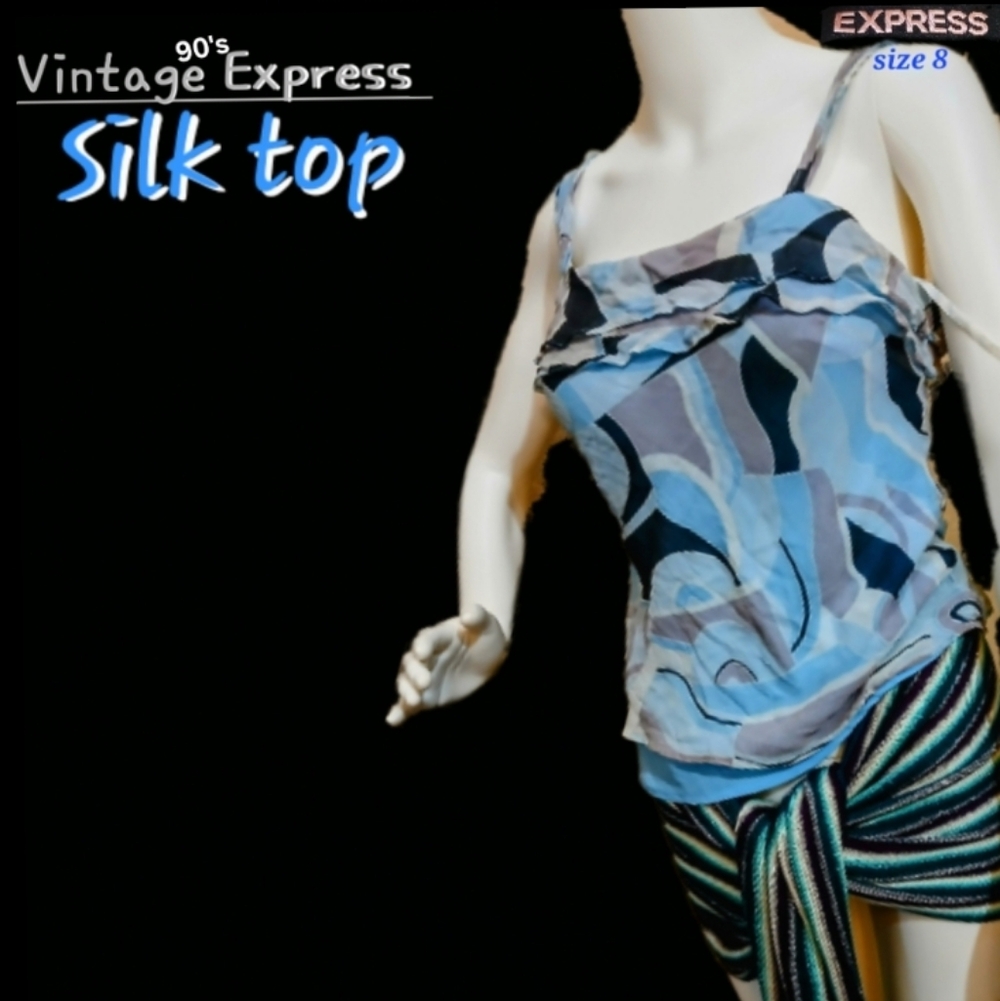 Vintage 90's -Express- Blue/Black & Grey 100% Silk Camisole- Scarf Not Included